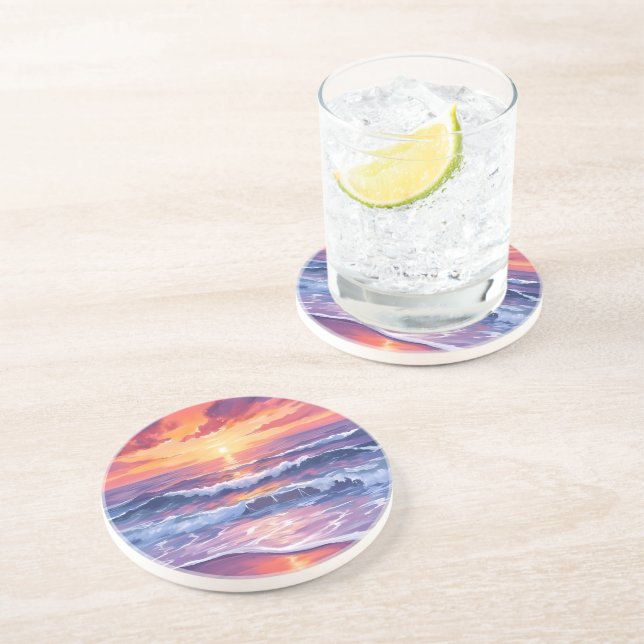 Violet Tide | Purple Sunset Ocean Waves Painted Coaster (Side)