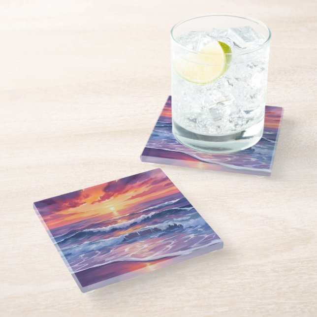 Violet Tide | Purple Sunset Ocean Waves Painted Glass Coaster (Angled)
