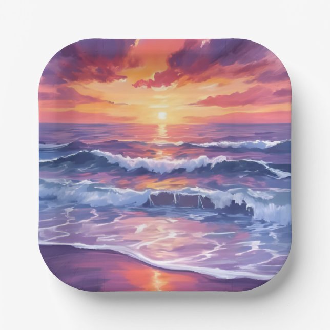Violet Tide | Purple Sunset Ocean Waves Painted Paper Plate (Front)