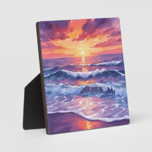Violet Tide Purple Sunset Ocean Waves Painted Plaque