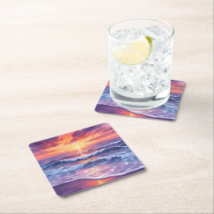 Violet Tide Purple Sunset Ocean Waves Painted Square Paper Coaster