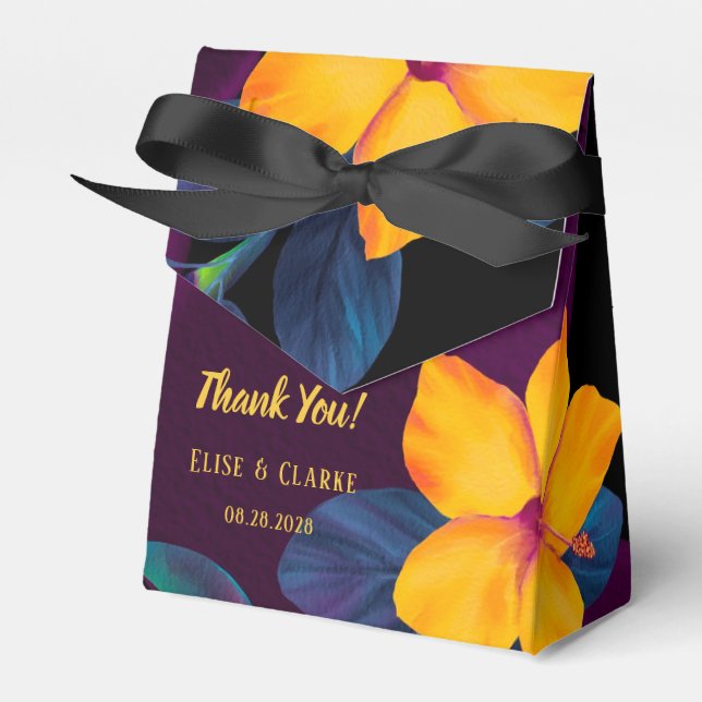 Violet Tropical Yellow Hibiscus Wedding Thank You  Favour Box (Front Side)