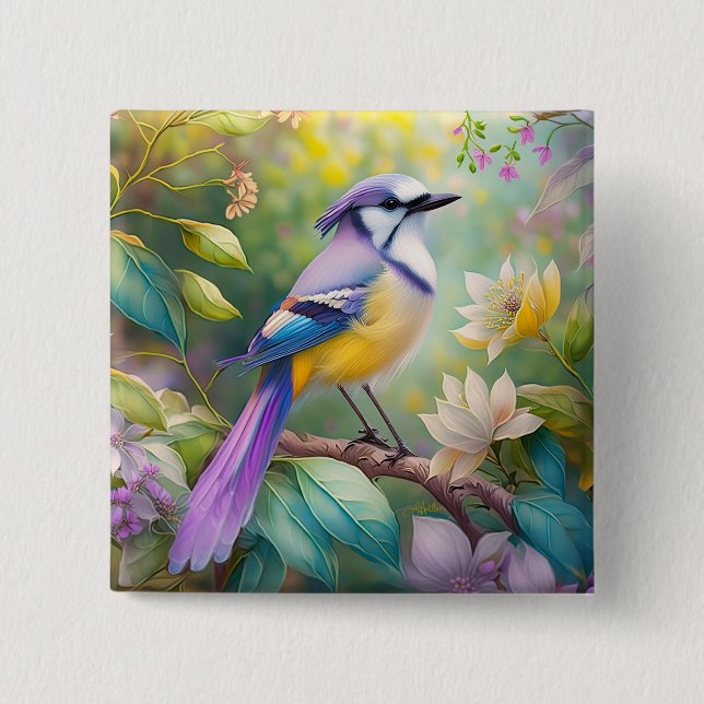 Violet Tufted Jay Fantasy Bird 15 Cm Square Badge (Front)