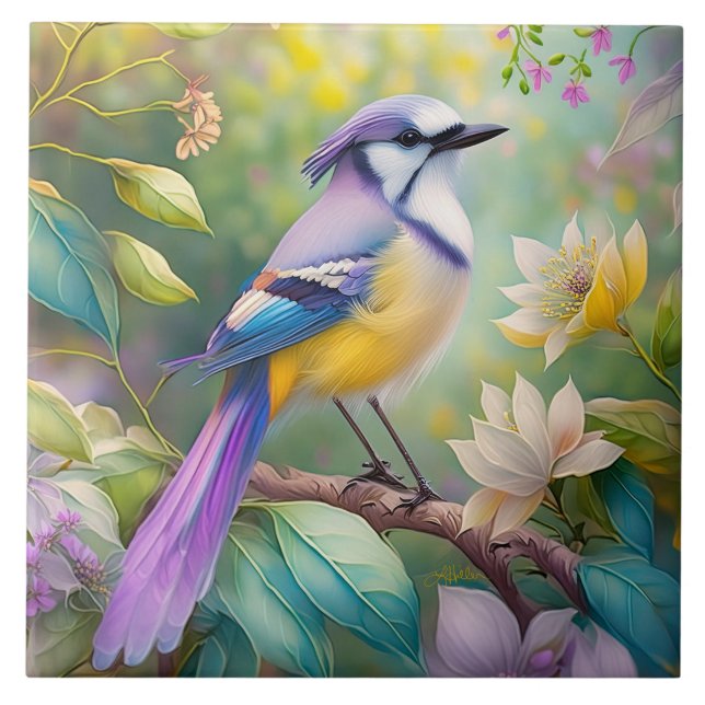 Violet Tufted Jay Fantasy Bird Ceramic Tile (Front)
