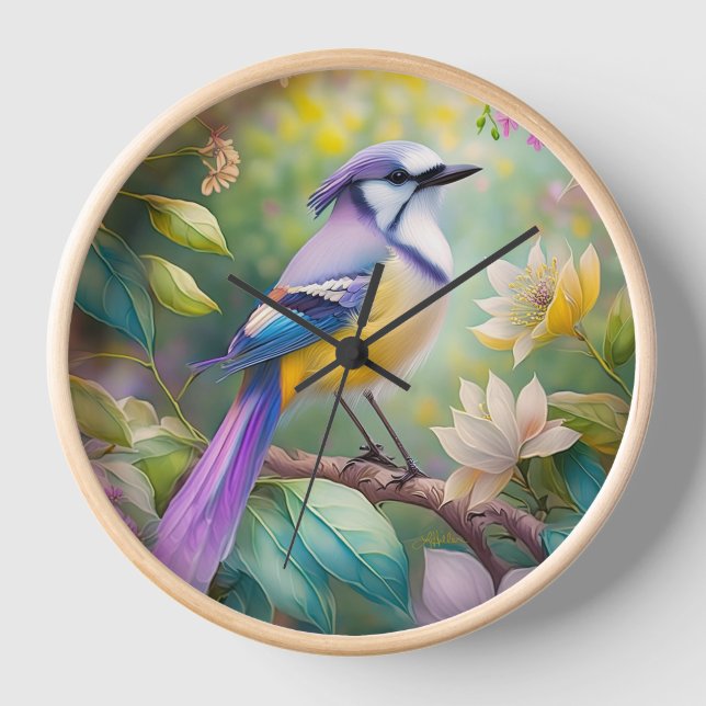 Violet Tufted Jay Fantasy Bird Clock (Front)