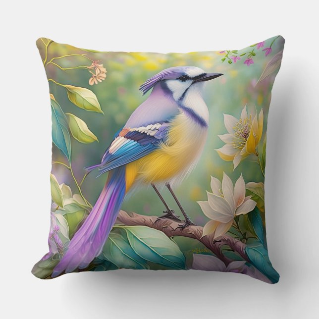 Violet Tufted Jay Fantasy Bird Cushion (Front)