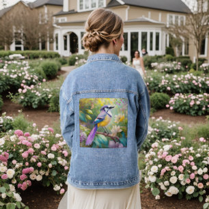 Violet Tufted Jay Fantasy Bird Denim Jacket