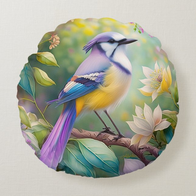 Violet Tufted Jay Fantasy Bird Round Cushion (Front)
