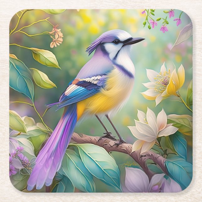 Violet Tufted Jay Fantasy Bird Square Paper Coaster (Front)