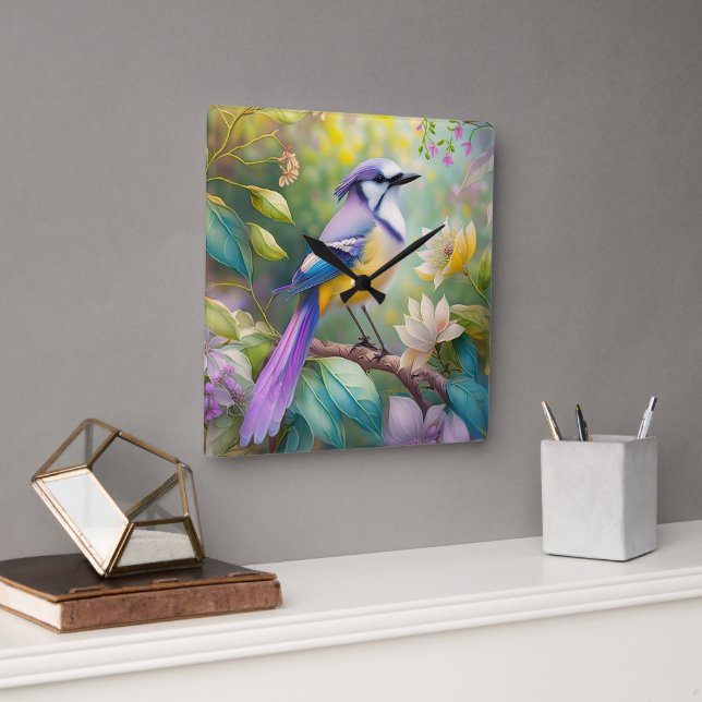 Violet Tufted Jay Fantasy Bird Square Wall Clock (Office)