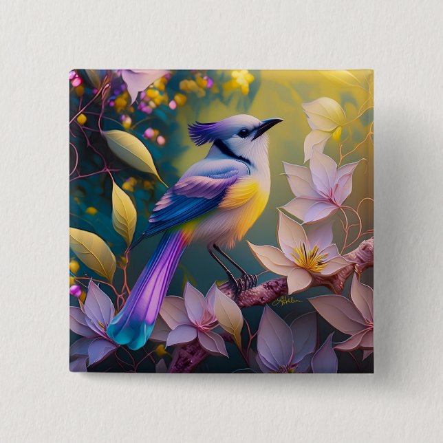 Violet Tufted Yellow Breasted Fantasy Bird 15 Cm Square Badge (Front)