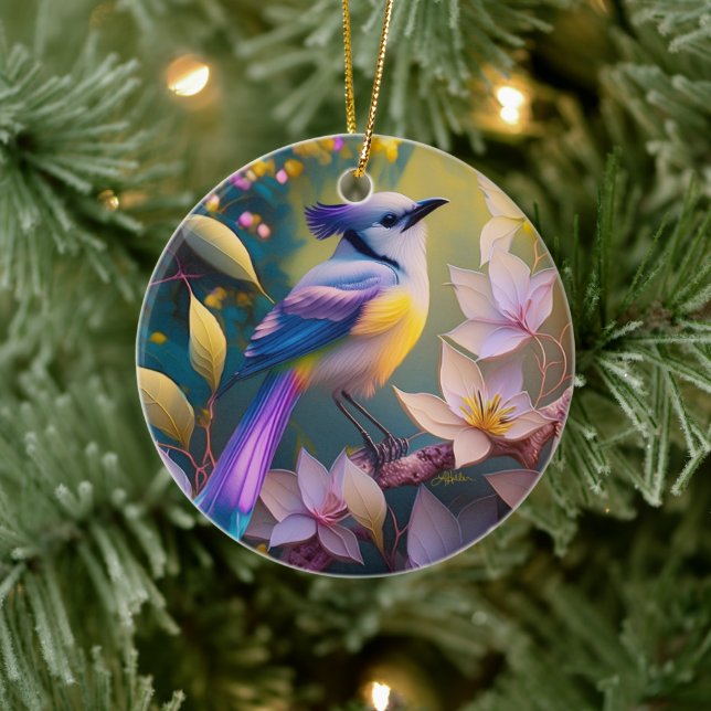 Violet Tufted Yellow Breasted Fantasy Bird Ceramic Ornament (Tree)