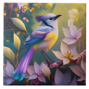 Violet Tufted Yellow Breasted Fantasy Bird Ceramic Tile