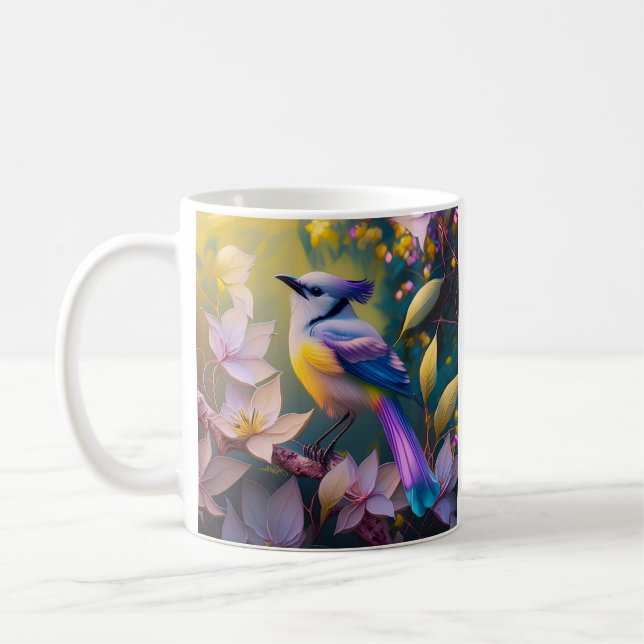Violet Tufted Yellow Breasted Fantasy Bird Coffee Mug (Left)