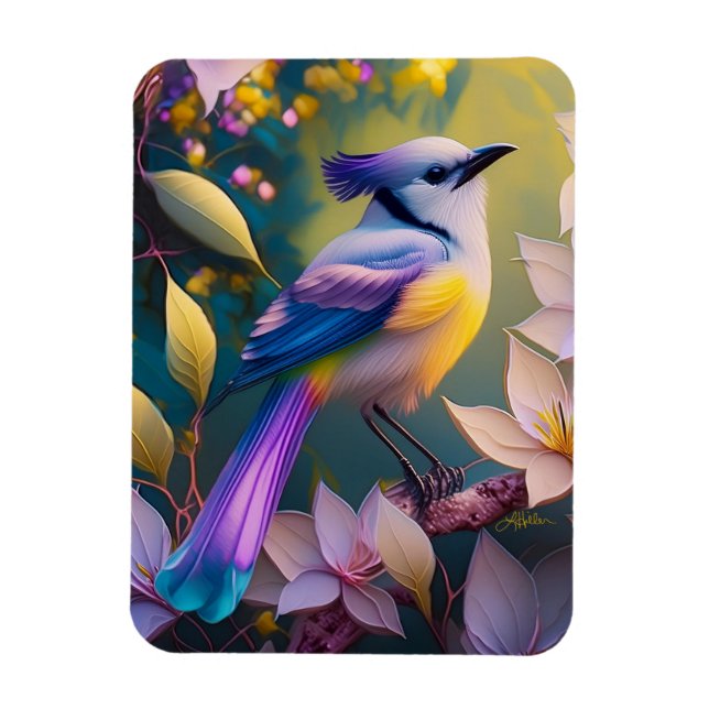 Violet Tufted Yellow Breasted Fantasy Bird Magnet (Vertical)