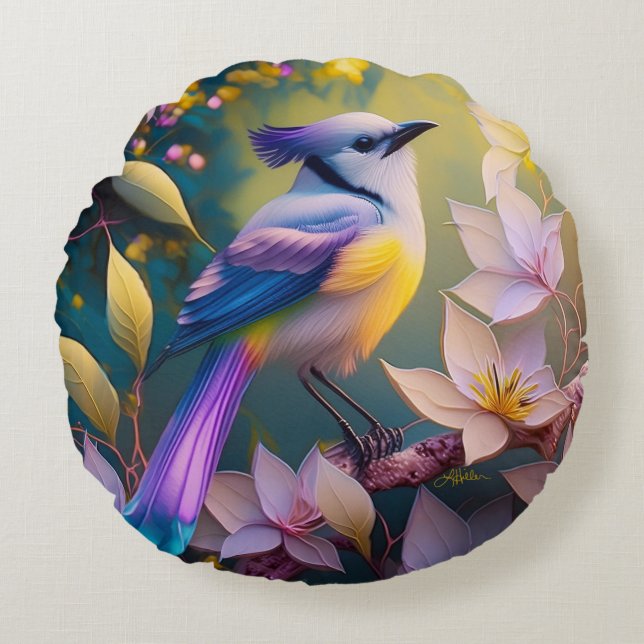 Violet Tufted Yellow Breasted Fantasy Bird Round Cushion (Front)