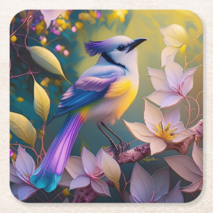 Violet Tufted Yellow Breasted Fantasy Bird Square Paper Coaster