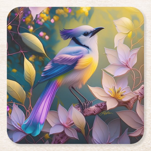 Violet Tufted Yellow Breasted Fantasy Bird Square Paper Coaster (Front)