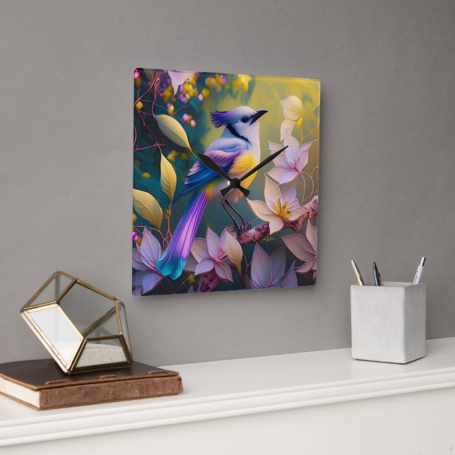Violet Tufted Yellow Breasted Fantasy Bird Square Wall Clock (Office)