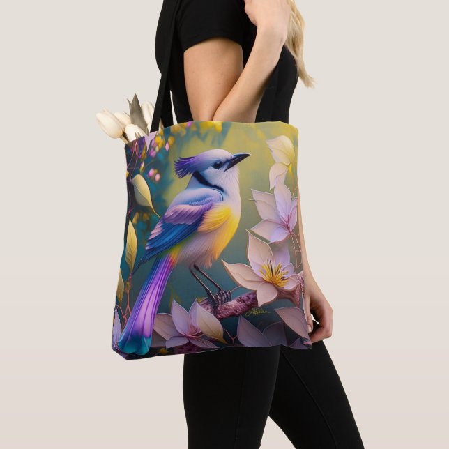 Violet Tufted Yellow Breasted Fantasy Bird Tote Bag (Close Up)