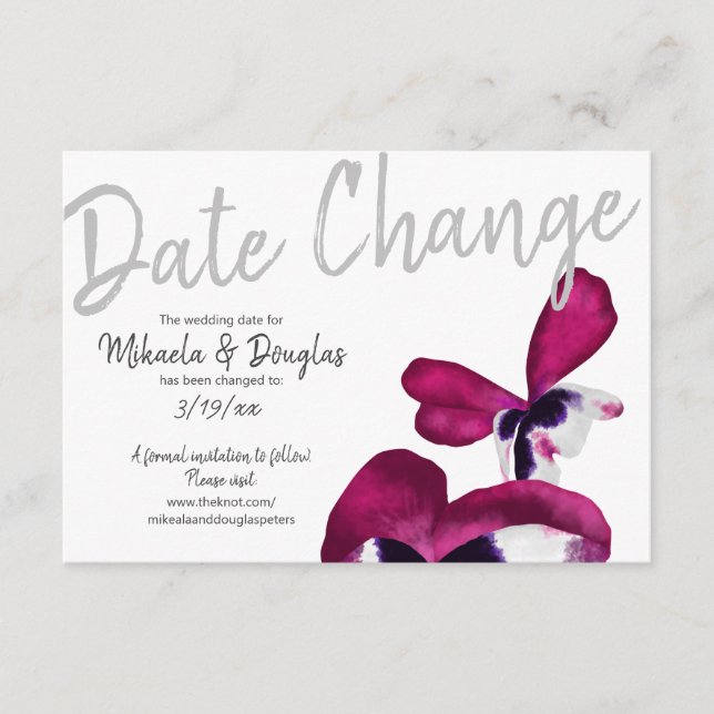 Violet, Turquoise Pansies Wedding Date Change Advice Card (Front)