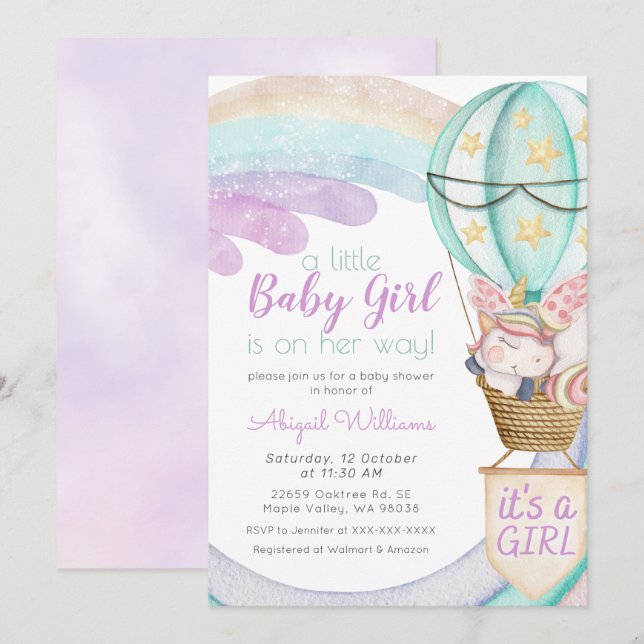 Violet Unicorn, Rainbow, Balloon Girl Baby Shower Invitation (Front/Back)