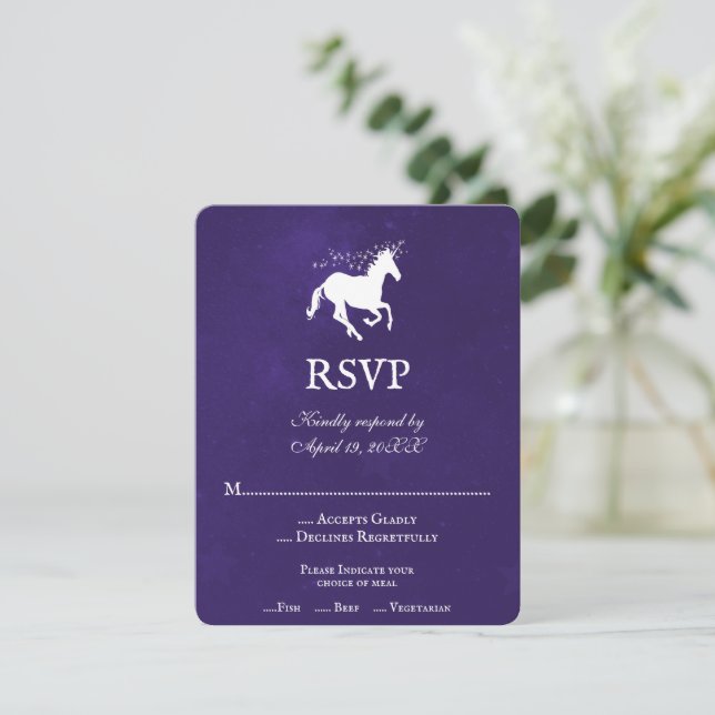 Violet Unicorn Wedding RSVP Card (Standing Front)