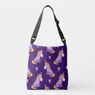 Violet Unicorns Hearts Watercolor Pattern. Crossbody Bag