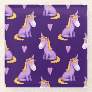 Violet Unicorns Hearts Watercolor Pattern. Glass Coaster