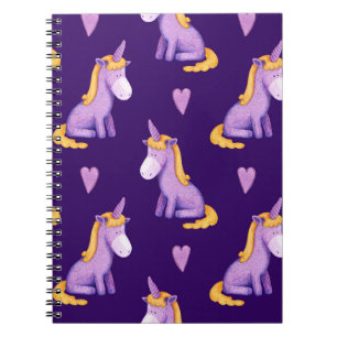 Violet Unicorns Hearts Watercolor Pattern. Notebook