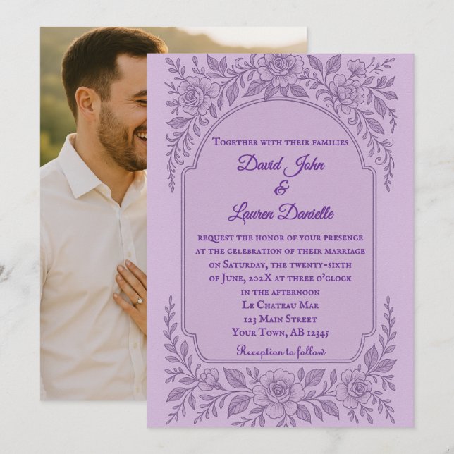 Violet Vows Photo Wedding Invitation (Front/Back)