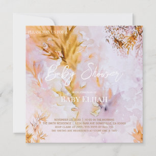 Violet Watercolor Autumn Leaves Baby Shower Invitation