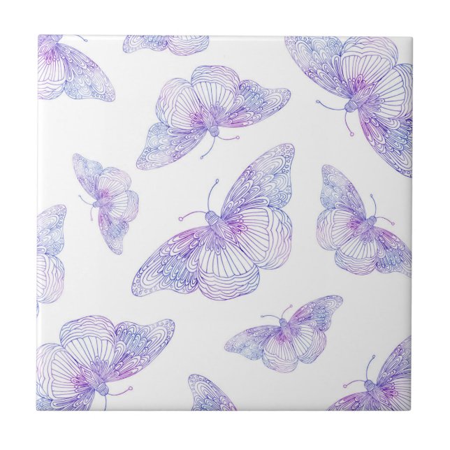 Violet Watercolor Butterfly Pattern Ceramic Tile (Front)