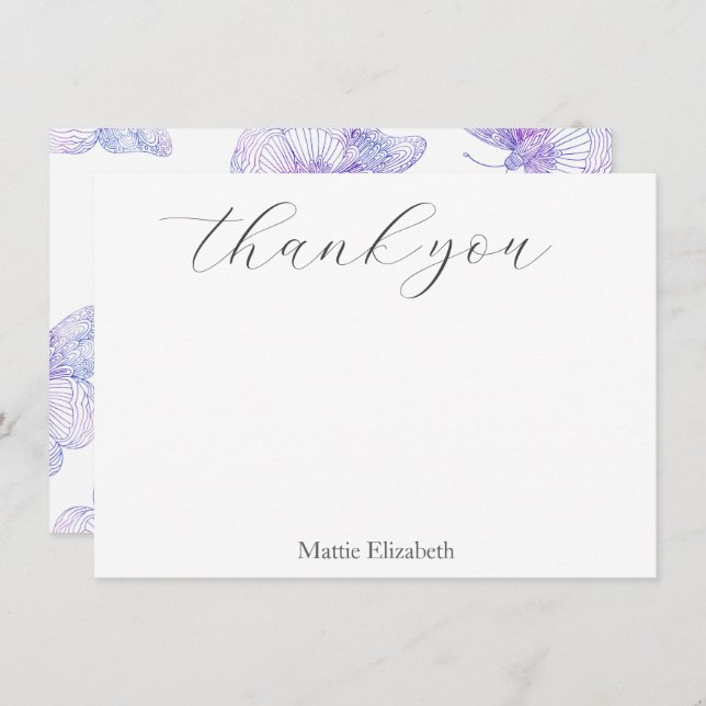 Violet Watercolor Butterfly Pattern  Thank You Card (Front/Back)