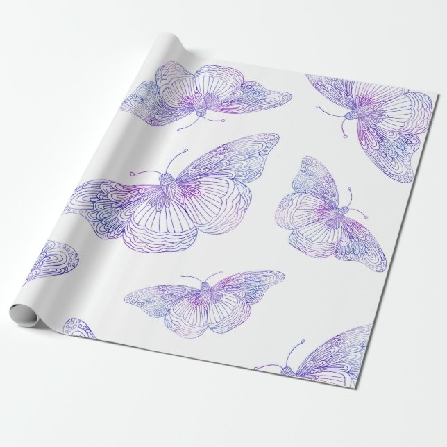 Violet Watercolor Butterfly Pattern Wrapping Paper (Unrolled)