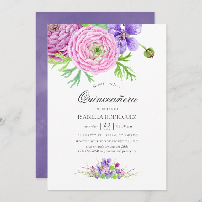 Violet Watercolor Floral Quinceañera Invitation (Front/Back)
