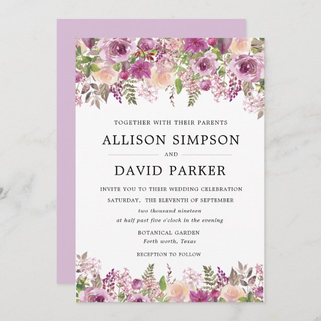Violet Watercolor Floral Wedding Invitation Cards (Front/Back)