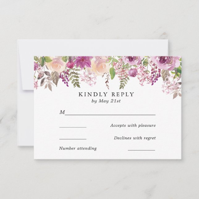 Violet Watercolor Flowers Wedding RSVP Card (Front)