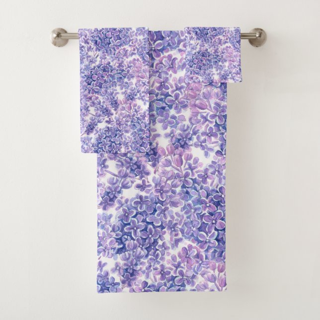 Violet watercolor lilac flowers bath towel set (Insitu)