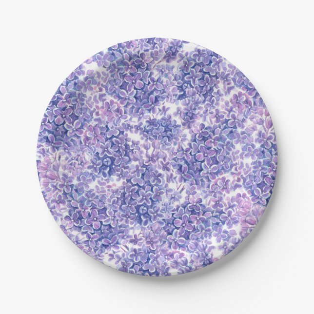 Violet watercolor lilac flowers paper plate (Front)