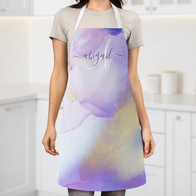 Violet Watercolor Luxe Personalised Name Monogram Apron (Creator Uploaded)