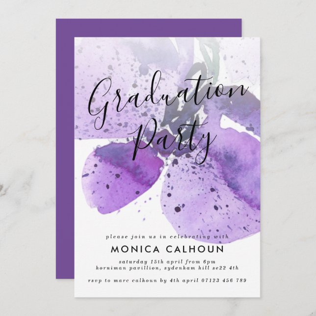 Violet Watercolor Orchid Graduation Party Invitation (Front/Back)