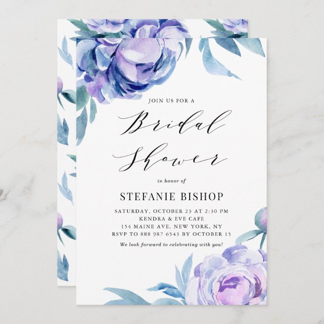 Violet Watercolor Peonies Floral Bridal Shower Invitation (Front/Back)