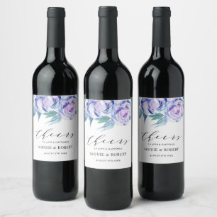 Violet Watercolor Peony Floral Wedding Favour Wine Label
