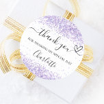 Violet white confetti thank you classic round sticker<br><div class="desc">A stylish white background,  decorated with violet,  lavender coloured confetti.  With the text: Thank you for sharing my special day,  with a small heart.   Personalise and add your name.</div>