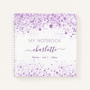 Violet white glitter dust purple name script  notebook