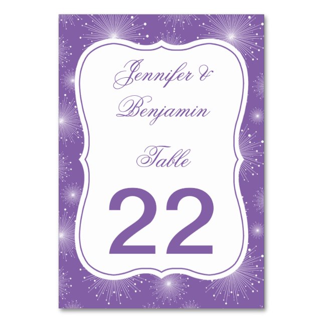 Violet White Sunbursts Starburst Table Cards (Front)