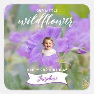 Violet Wildflower Custom Photo Happy Birthday Square Sticker