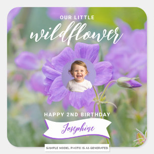 Violet Wildflower Custom Photo Happy Birthday Square Sticker