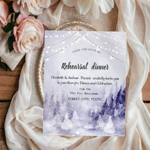 Violet Winter Landscape Snow Rehearsal Dinner Invitation